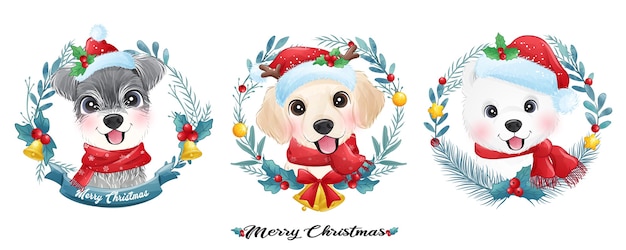 Filhote de cachorro fofo de doodle para o Natal com ilustração em aquarela