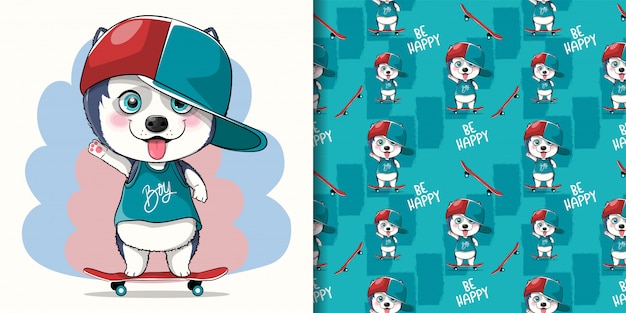 Filhote de cachorro husky bonito dos desenhos animados com skate