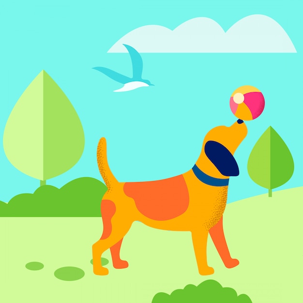 Filhote de cachorro jogando bola ao ar livre ilustração plana