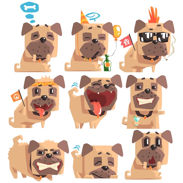 Filhote de cachorro pequeno cão pug de estimação com coleira coleção de expressões faciais emoji e atividades cartum ilustrações