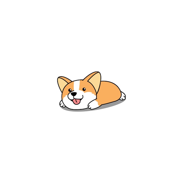 Filhote de cachorro preguiçoso corgi deitado no chão dos desenhos animados