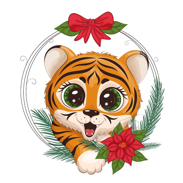 Filhote de tigre bonito dos desenhos animados, com uma moldura redonda de natal, sobre um fundo branco. impressão para roupas, pratos, têxteis. cartão de ano novo 2022. ilustração eps10 do vetor.