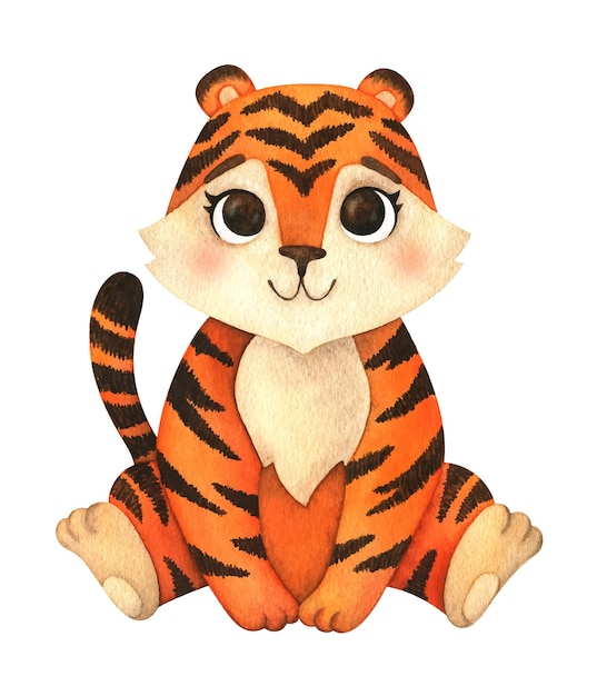 Filhote de tigre fofo senta clipart. ilustração em aquarela. Animal cartoon é um símbolo do ano novo 2022. Tigresa para cartões postais, estampas