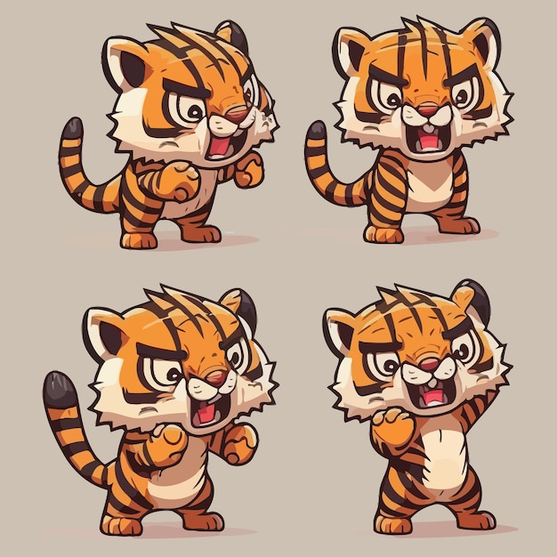 Filhote de tigre, personagem de desenho animado fofo, caça furtivo e rugido Isolado no fundo Ilustração vetorial