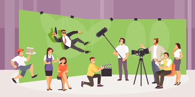 Filmagem de filme de ação A equipe de filmagem de pessoas faz um filme no estúdio