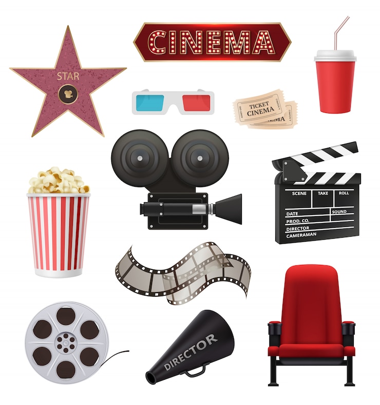 Vetor filme realista. objetos de cinema câmera filmadora filme fita claquete coleção