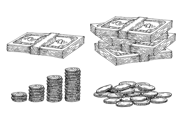 Finanças, conjunto de dinheiro. desenho de pilha de moedas, papel-moeda, moedas em posições diferentes.