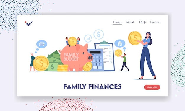 Finanças da família, modelo de página inicial de economia de orçamento. Pequenos personagens coletam moedas em um enorme cofrinho. As pessoas ganham e economizam dinheiro, renda universal, capital, riqueza. Ilustração em vetor de desenho animado