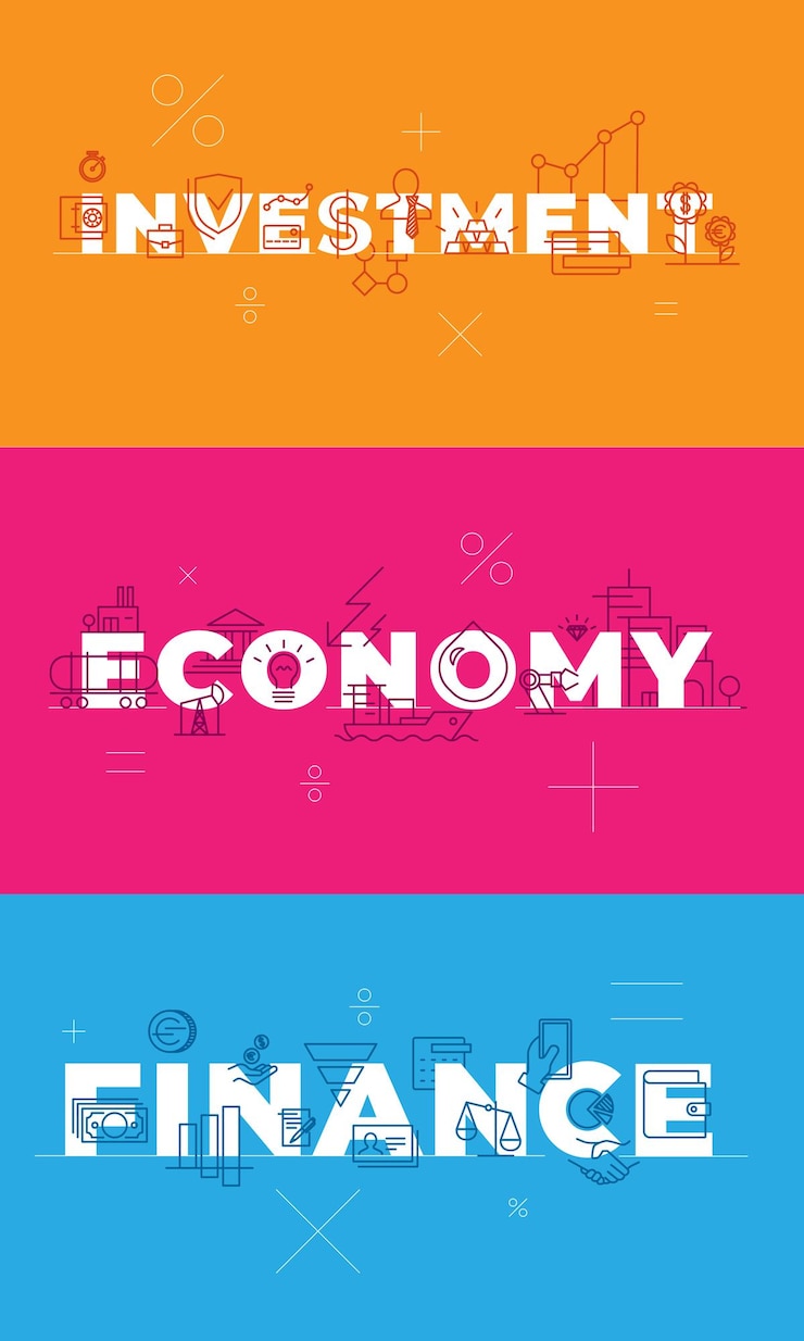 Vetor financiar a economia de investimento no vetor de palavras de visualização conceitual de fundo rosa laranja azul