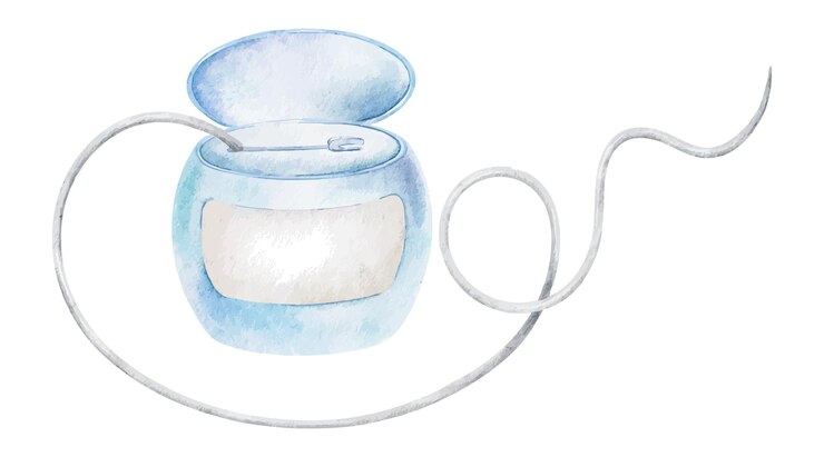 Vetor fio dental fio dental em caixa azul para higiene bucal e cuidados dentários ilustração de crianças de aquarela desenhada à mão isolada produto para cuidados bucais diários clipart para clínica dental odontologia pediátrica