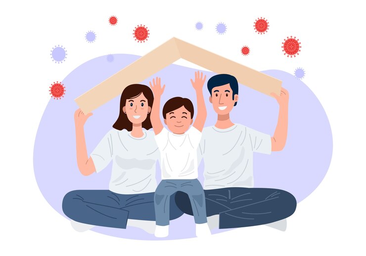Fique em casa, família feliz segurando um teto sobre suas cabeças protegendo a família contra covid-19.