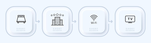 Fique no hotel definir ícone edifício de vários andares cama dormir cinco estrelas wifi tv conceito de acomodação estilo neomorfismo ícone de linha vetorial para negócios e publicidade