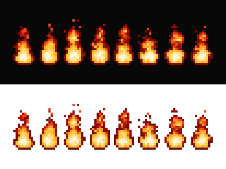Vetor fire flame pixel art animação sprite frames, 8 bits