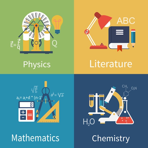 Física química matemática literatura e equipamentos ciência conceito ícones planos modelos educação vetor...