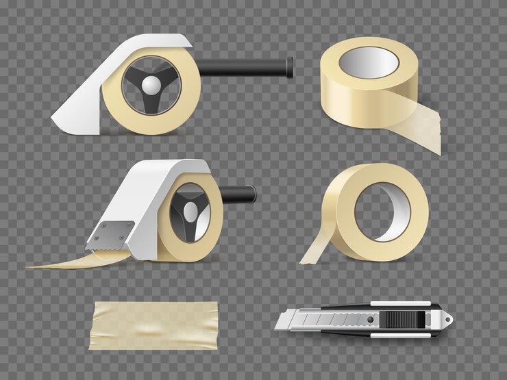 Vetor fita adesiva realista com suporte de papel auto-adhesivo amarelo fitas de montagem diferentes ângulos de visualização de vários dispositivos mockup faca rolo de fixação 3d entrega embalagem conjunto de vetores utter