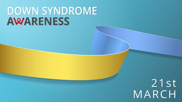 Fita azul e amarela realista. cartaz do mês de síndrome de down de conscientização. ilustração vetorial. conceito de solidariedade do dia mundial de síndrome de down. 21 de março. fundo azul.
