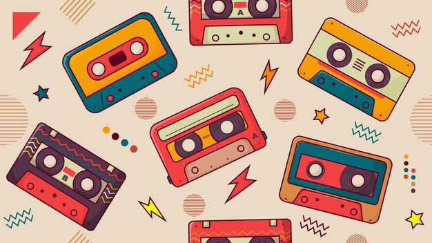 Retro Impressão De Música. Doodle Cassete Com Fita E Fones De Ouvido Estilo  Dos Anos 90. Jogador Musical E Registro Para Gramofone, Vintage Brilhante  Vector Pop Sem Costura Padrão Música Retro Doodle