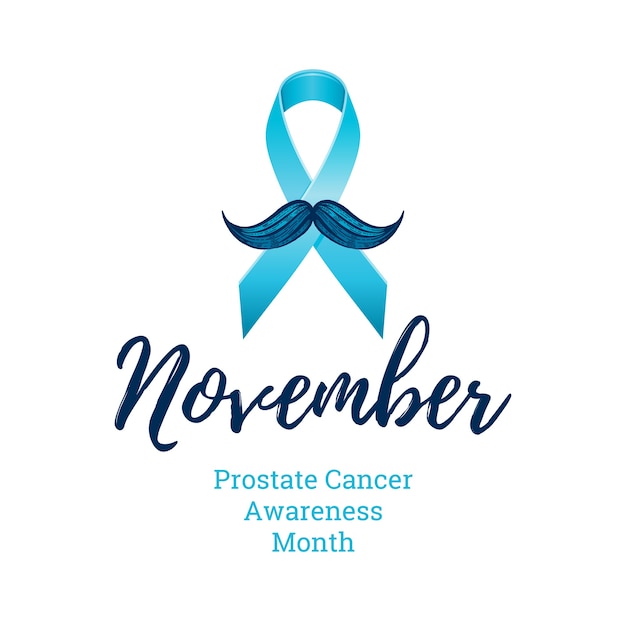 Fita de conscientização do câncer de próstata com bigodes. Símbolo de saúde dos homens. Prevenção do câncer em homens no mês de novembro. Ilustração gravada em desenho animado em 3D isolada no fundo branco
