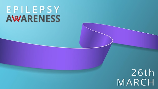 Fita de lavanda realista. Cartaz do mês de epilepsia de conscientização. Ilustração vetorial. Conceito de solidariedade do dia mundial da epilepsia. Fundo azul. Símbolo de câncer.