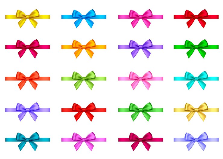 Vetor fita de presente decorativo e arco isolado no fundo branco. decoração de feriado azul, vermelho, verde, rosa, dourado. conjunto de elementos de decoração para banner, cartão, pôster.