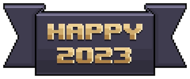 Fita preta de pixel art com feliz 2023, ícone de vetor de feliz ano novo  para jogo de 8 bits em fundo branco