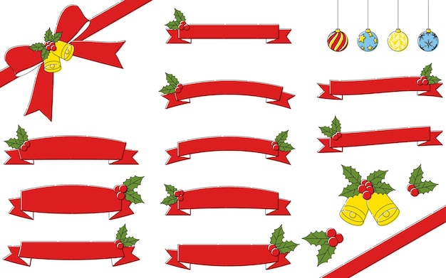 Vetor fita vermelha de natal com enfeites de azevinho simples e fofos