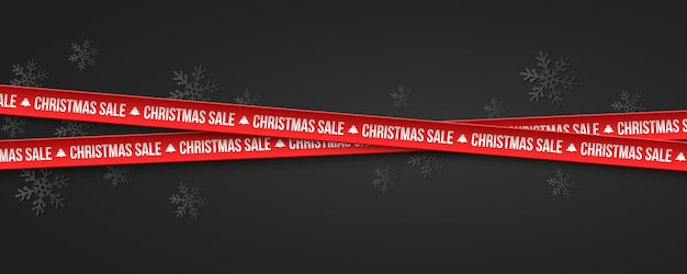 Fitas cruzadas vermelhas com flocos de neve de papel em fundo preto para venda de Natal Elementos gráficos para o seu design Banner de negócios de férias Ilustração vetorial EPS 10