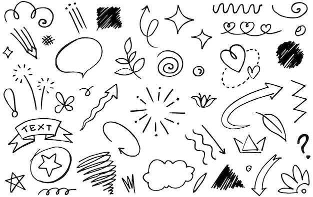 Fitas de setas abstratas coroa explosões de corações e outros elementos em estilo desenhado à mão para design de conceito Doodle ilustração Modelo vetorial para decoração