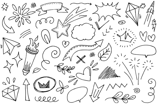 Fitas de setas abstratas coroa explosões de corações e outros elementos em estilo desenhado à mão para design de conceito Doodle ilustração Modelo vetorial para decoração