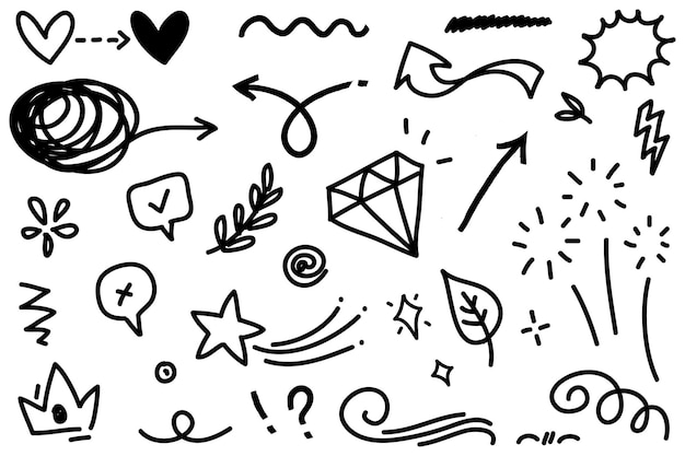 Fitas de setas abstratas coroa explosões de corações e outros elementos em estilo desenhado à mão para design de conceito doodle ilustração modelo vetorial para decoração