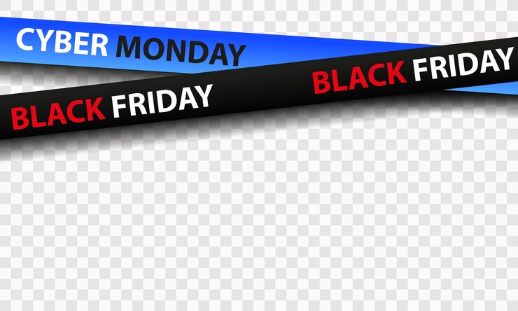 Vetor fitas pretas e azuis à venda black friday cyber segunda-feira isolada em fundo transparente