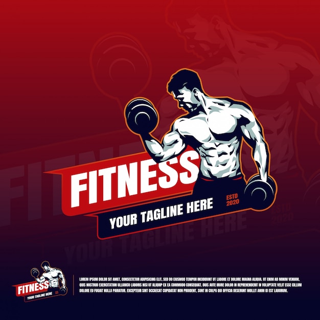 Fitness com mão muscular segurando o modelo de logotipo de haltere