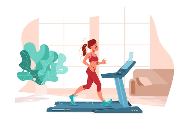 Fitness em casa. A menina faz exercícios na esteira. Esporte no quarto