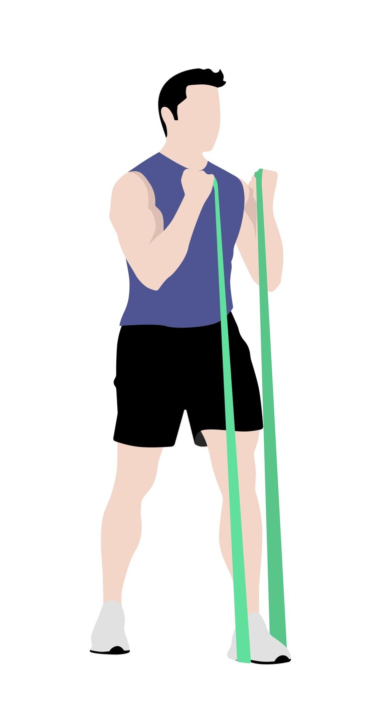 Vetor fitness isolado homem musculoso de pé e exercitando os braços do bíceps com um estilo elástico gym flat
