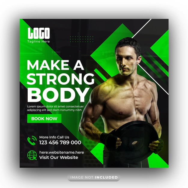 Fitness mídia social banner instagram post de treino quadrado flyer modelo de marketing de exercícios