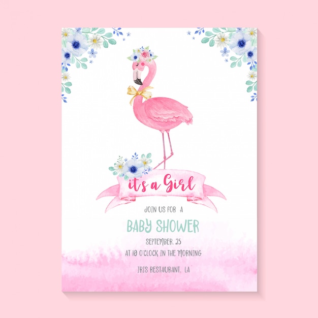 Flamingo bonito aquarela e flores para convite de festa de chá de bebê. cartão de convite de modelo de chuveiro de bebê