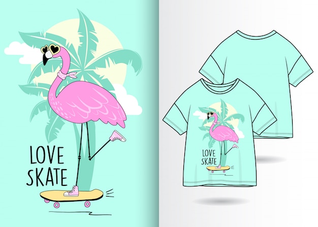 Vetor flamingo bonito desenhado de mão com camiseta