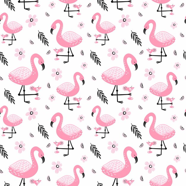 Vetor flamingo de padrão de verão e elementos desenhados à mão.