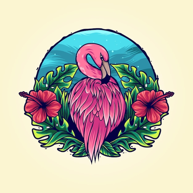 Flamingo em ilustração de flores tropicais