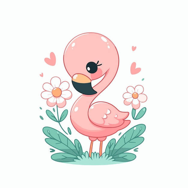 Flamingo fofo com vetor de desenho animado de flor em fundo branco