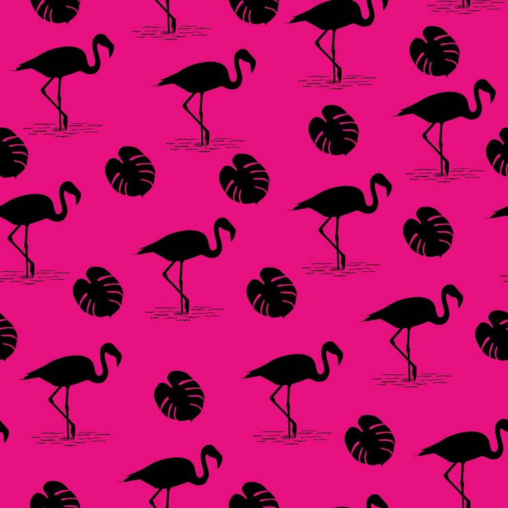Vetor flamingo preto e folha tropical em fundo rosa transparente