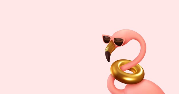 Vetor flamingo rosa em óculos de sol elemento 3d realista. design elegante de verão. banner de festa, cartaz da web. arte abstrata. ilustração vetorial isolada em fundo rosa.