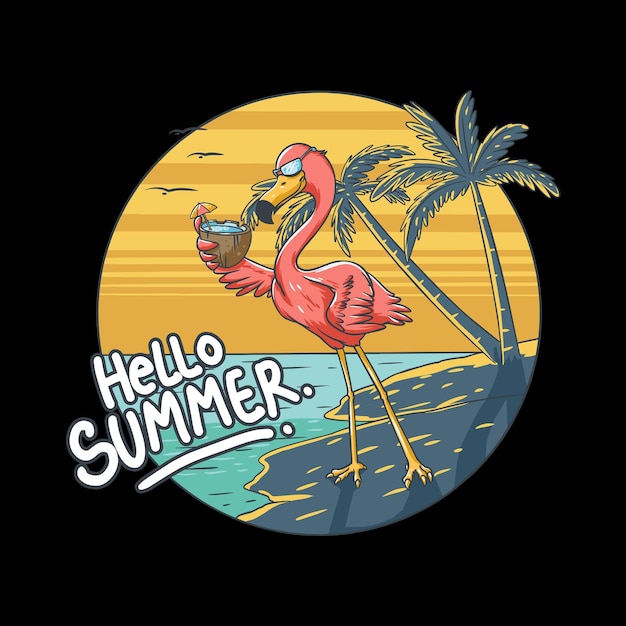 Flamingo Surfando Verão na Praia Traz Prancha de Surf