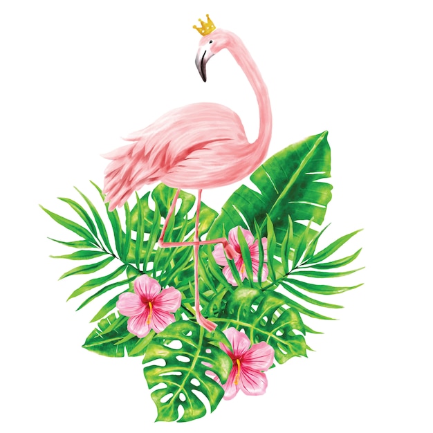 Flamingos e ilustrações de folhagem tropical