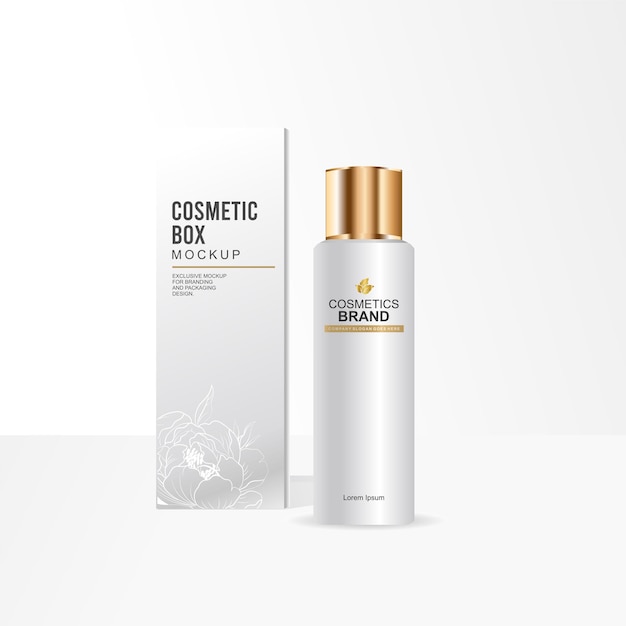 Flasca de toner cosmético e maquete de caixa.