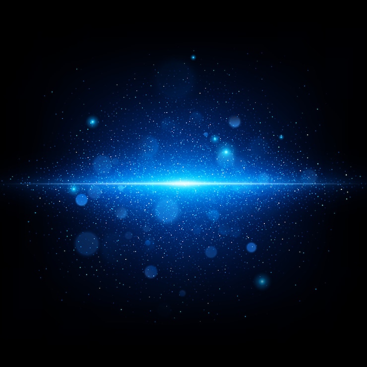 Vetor flash abstrato azul no espaço azul profundo. céu estrelado realista com um brilho azul.