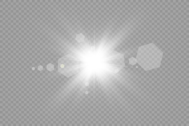 Flash de lente especial, efeito de luz. O flash emite raios e holofotes. Ilust. Luz brilhante branca