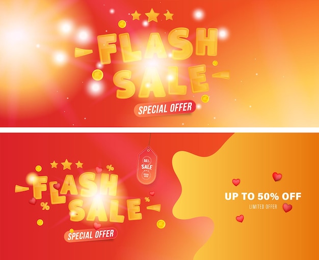 Flash venda web banners com oferta especial. Inscrição de fonte com elementos de luzes