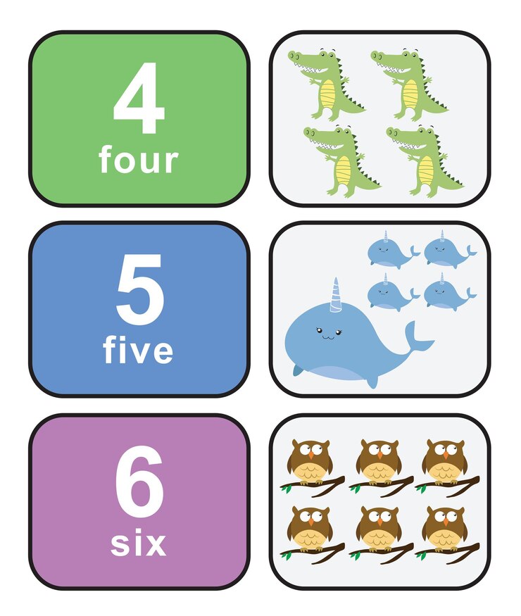 Vetor flashcard de números coloridos bonitos para crianças aprendendo a contar cartões de frente e verso com animais