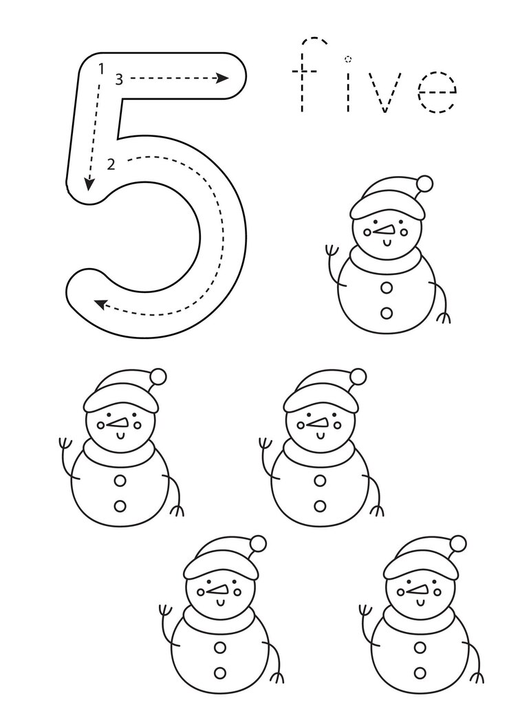 Vetor flashcard número cinco planilha pré-escolar bonecos de neve de inverno